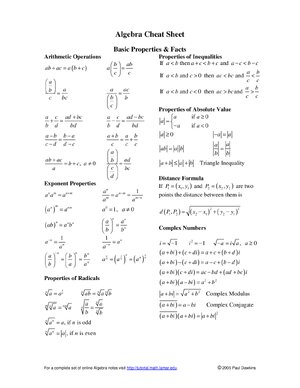 Thumbnail for Algebra Cheat Sheet Basic Properties & Facts