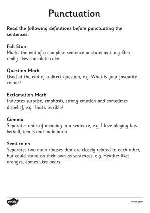 Thumbnail for Punctuation Worksheets With Answers