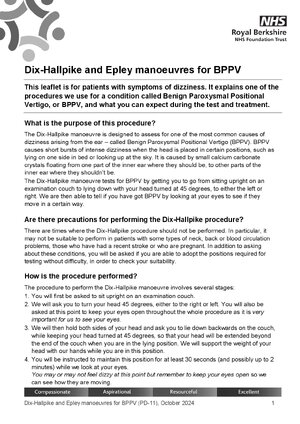 Thumbnail for Dix-Hallpike and Epley manoeuvres for BPPV