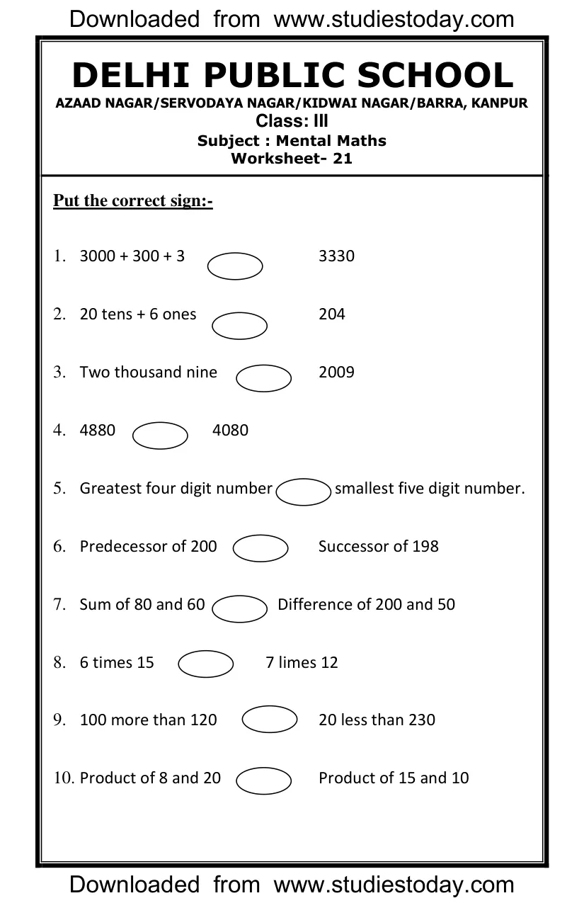 CBSE Class 3 Mathematics Practice Worksheets 22 Mental Maths PDF