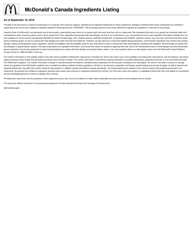 Mcdonald’s Canada Ingredients