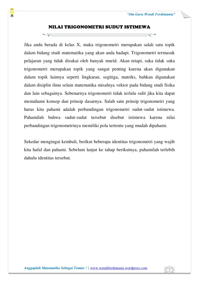 Nilai Trigonometri Sudut Istimewa