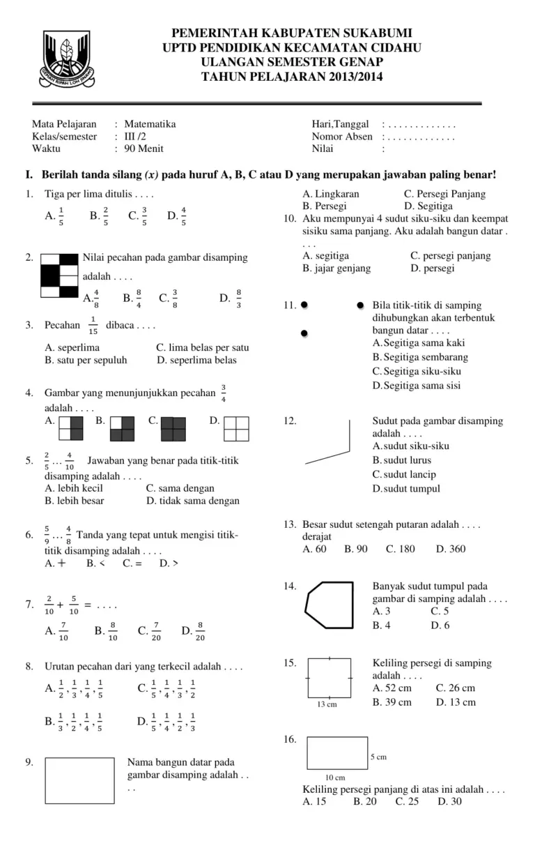 Soal Matematika Kelas 3 (Siap Print)