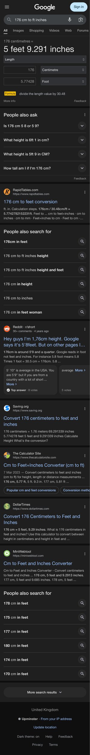 Thumbnail for 176 CM To FT Inches Google Search