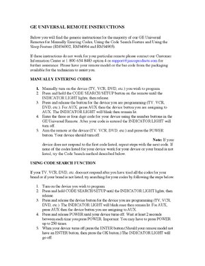 Thumbnail for GE Universal Remotes Instructions