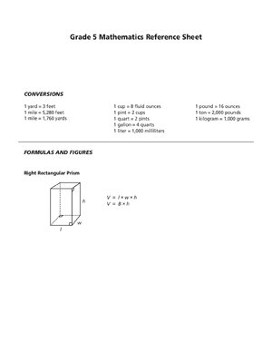 Thumbnail for Grade 5 Mathematics Reference Sheet