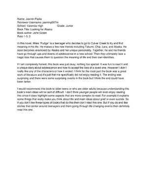 Thumbnail for Looking For Alaska Book Review