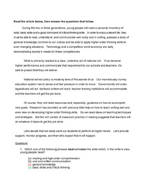 Thumbnail for Read The Article Below, Then Answer The Questions That Follow