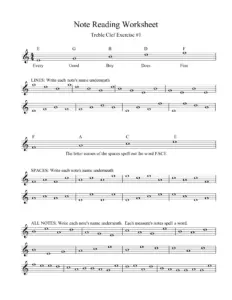 Note Reading Worksheet Treble Clef Exercise thumbnail