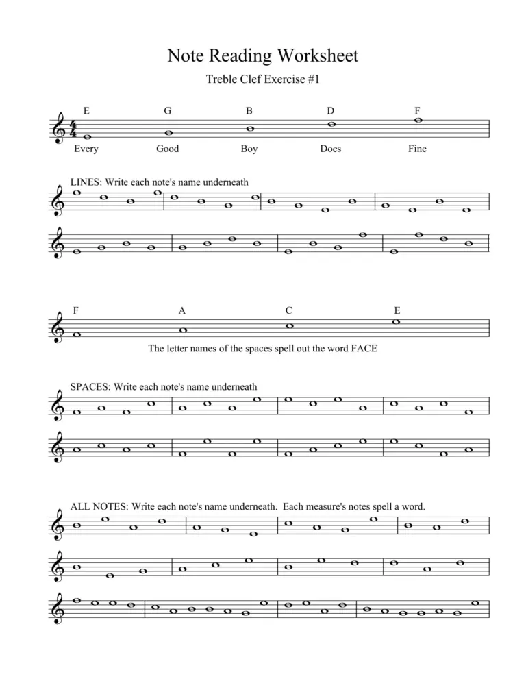 Note Reading Worksheet Treble Clef Exercise