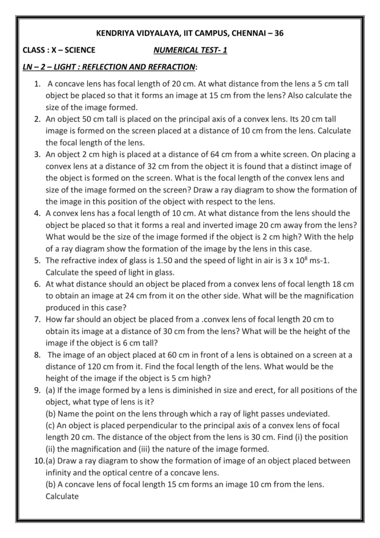 Class 10 Light Numericals