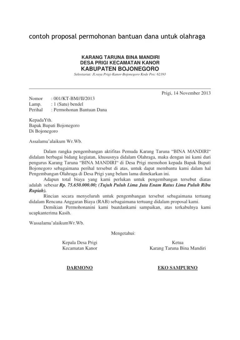 Contoh Proposal Permohonan Bantuan Dana Untuk Olahraga