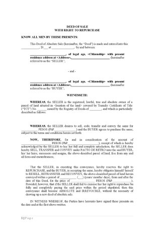Thumbnail for Sample Deed Of Absolute Sale With Right To Repurchase