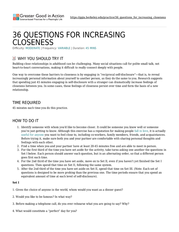 Practice 36 Questions For Increasing Closeness