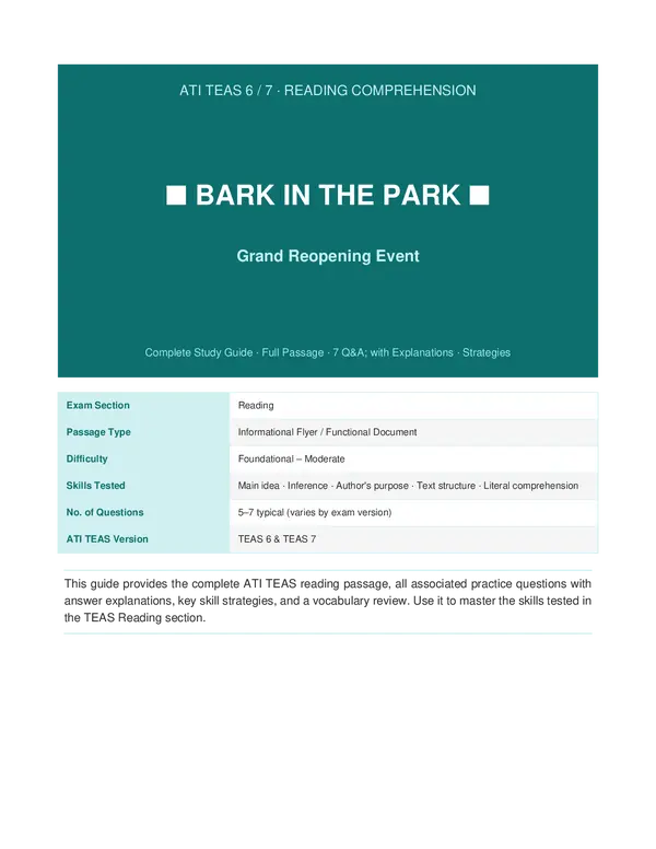 The ATI TEAS Reading passage "Bark in the Park Grand Reopening Event"