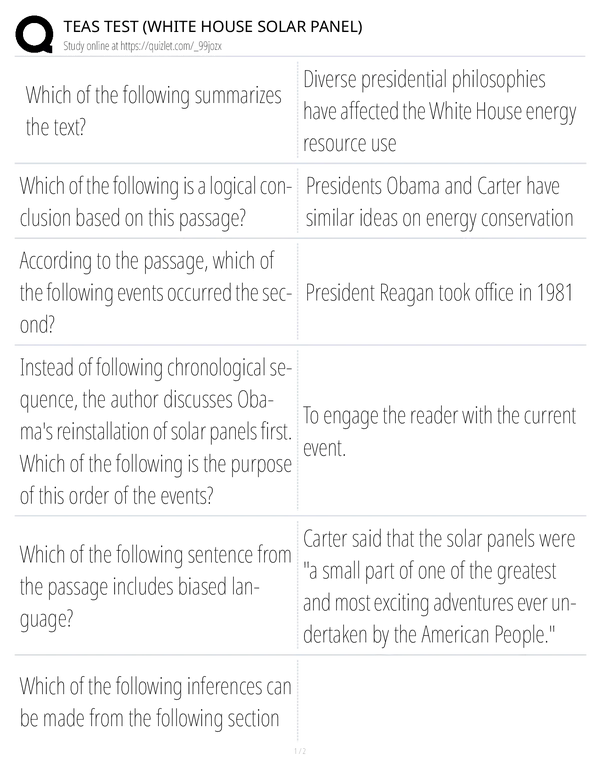 TEAS TEST (WHITE HOUSE SOLAR PANEL)
