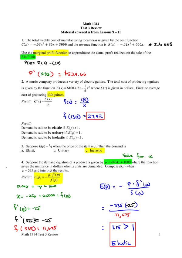 Math 1314 Test 3 Review Material covered is from Lessons 9 – 15