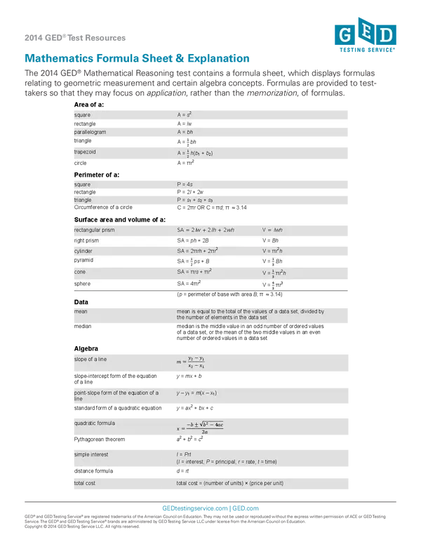 Ged Formula Sheet