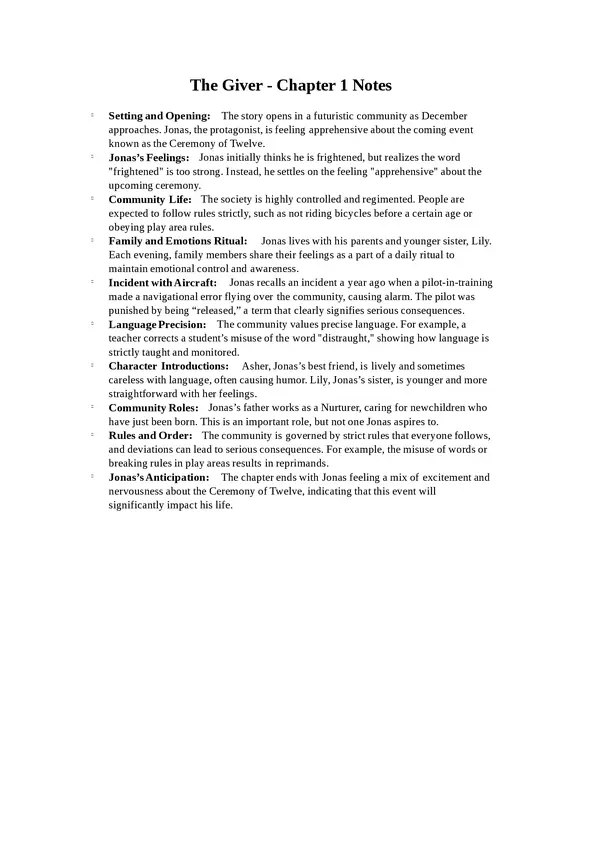 The Giver Chapter 1 Summary