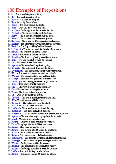100 Examples Of Prepositions