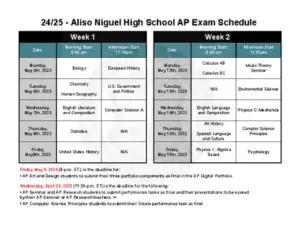 24/25 – Aliso Niguel High School AP Exam Schedule