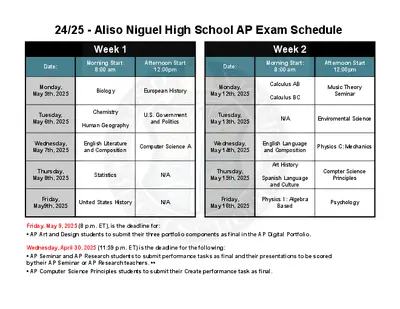 24/25 - Aliso Niguel High School AP Exam Schedule