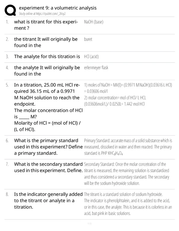 Experiment 9: Volumetric Analysis Pre-Lab Guide and Questions