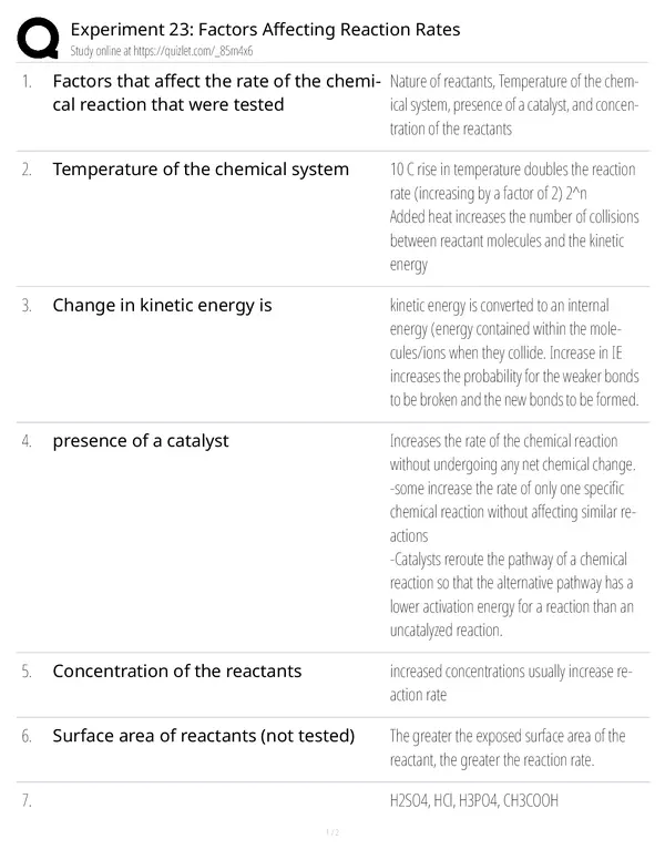 Experiment 23 Factors Affecting Reaction Rates Pre Lab Answers