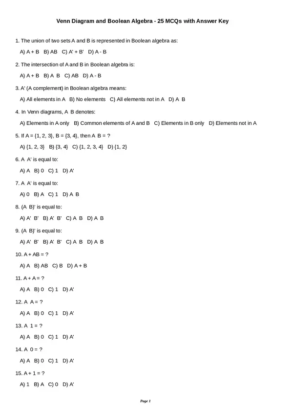 Venn Diagram & Boolean Algebra MCQs