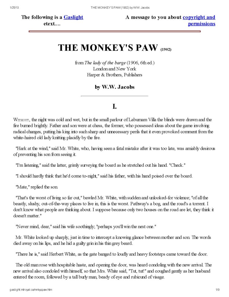 The Monkey's Paw Short story by W.W. Jacobs