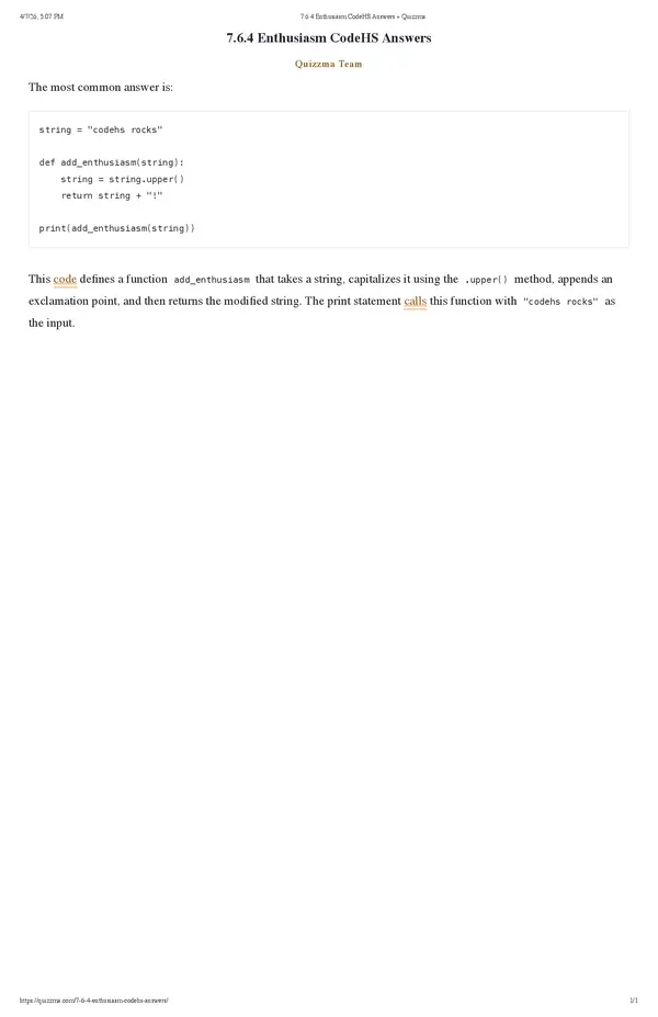 7.6.4 Enthusiasm CodeHS Answers