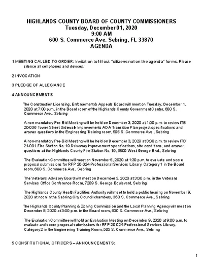Highlands County Commission Meeting Agenda December 2020