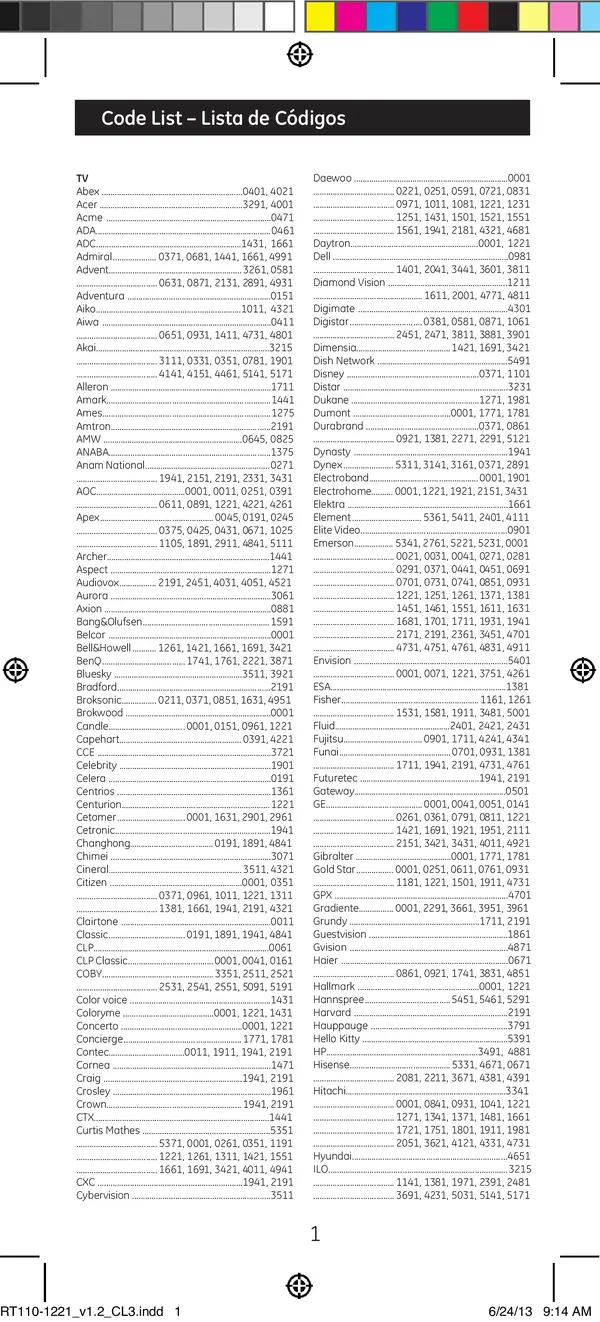 GE Codes - Universal Remote Control Codes GE PDF