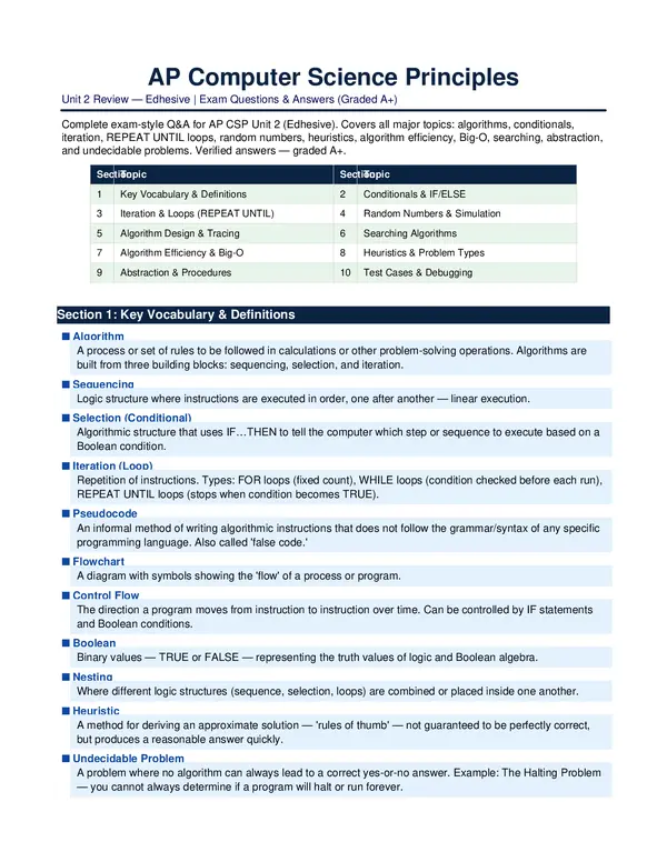 AP Computer Science Unit 2 Review (Edhesive) Exam Questions and Answers, Exams of Computer Science