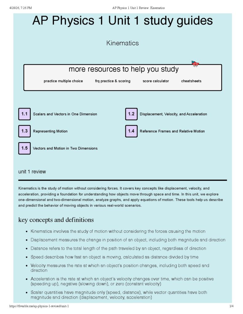AP Physics 1 Unit 1 Kinematics Study Guide