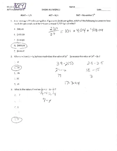 ACT Math Practice Set 1 Answer