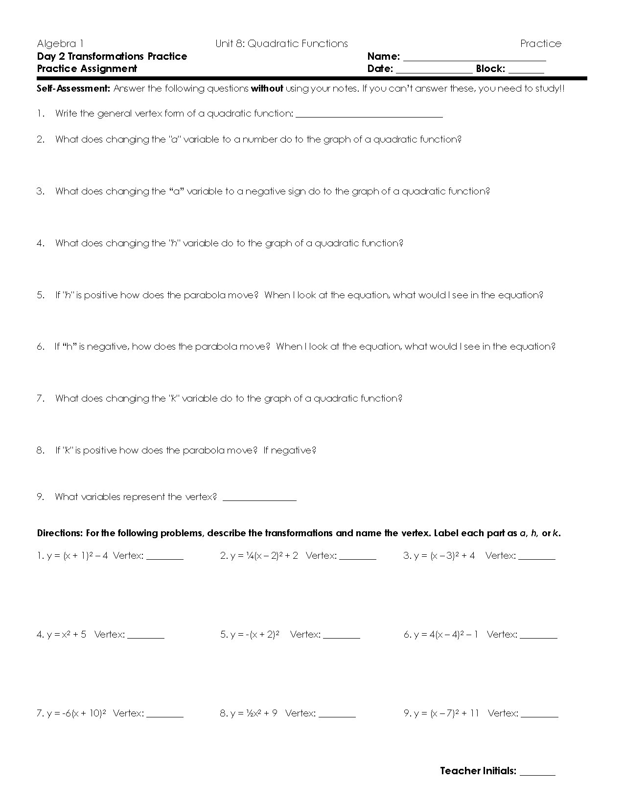 Algebra 1 Unit 8 Transformations of Quadratic Functions