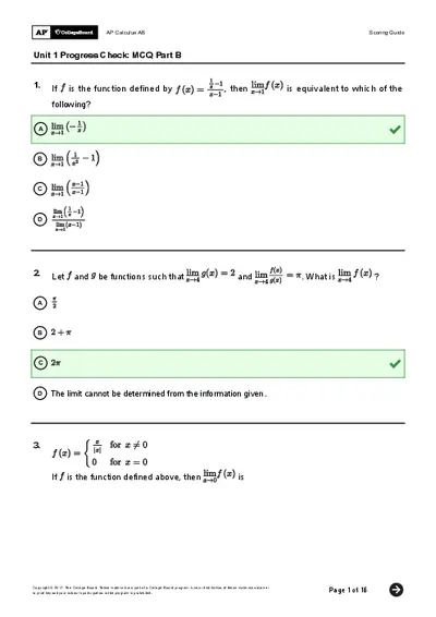 AP Calculus AB Scoring Guide Unit 1 MCQs Part B Answers