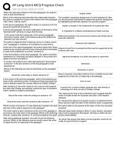 AP Lang Unit 6 MCQ Progress Check