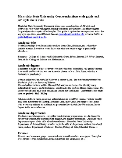 Montclair State University Communications style guide and AP style short cuts