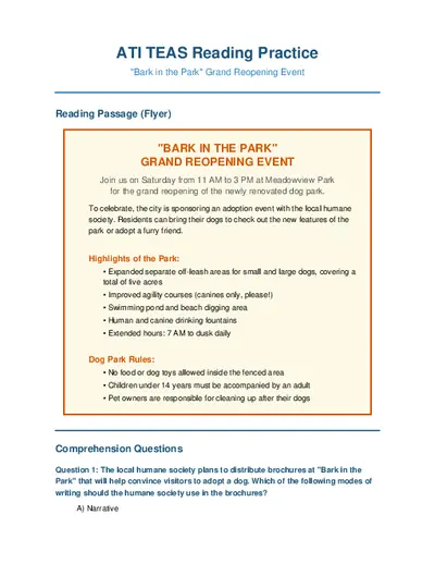 ATI TEAS Reading Bark In The Park
