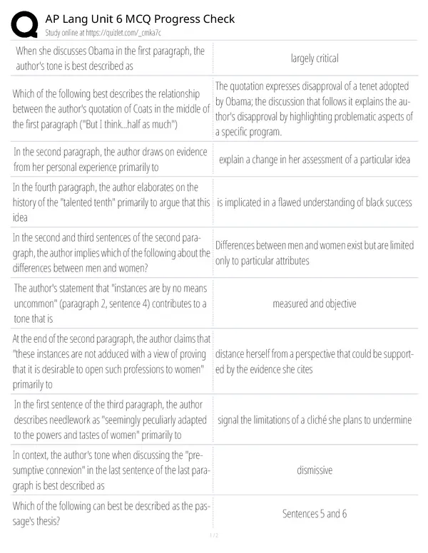 AP Lang Unit 6 MCQ Progress Check