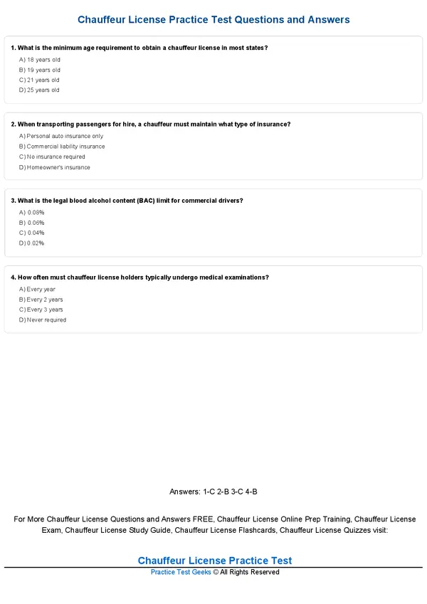 Chauffeur License Practice Test Questions And Answers