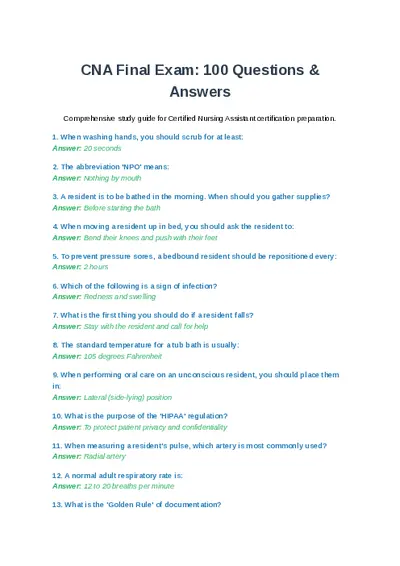 CNA Final Exam 100 Questions and Answers