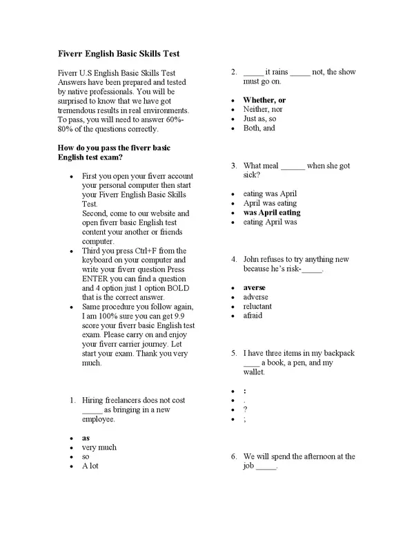 Fiverr U.S. English Basic Skills Test Questions and Answers