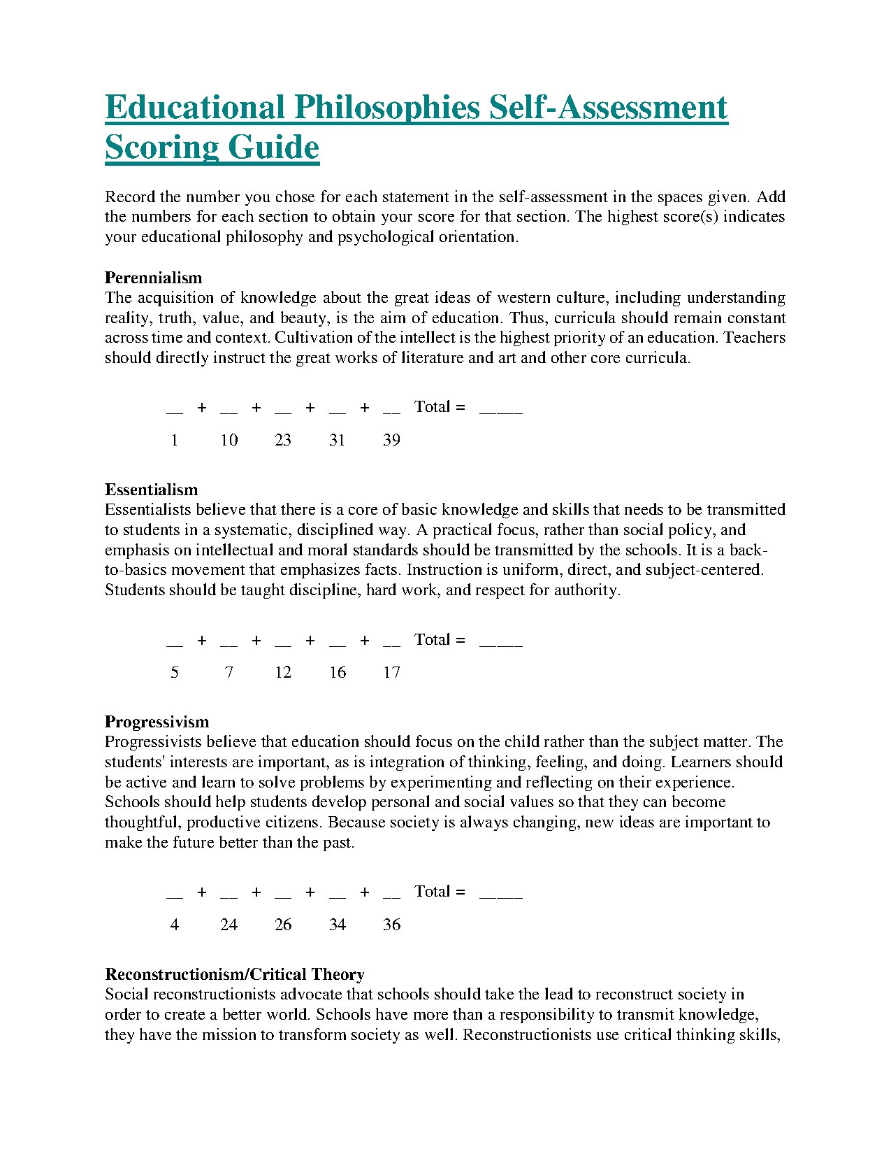 Educational Philosophies Self-Assessment Scoring Guide