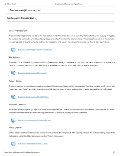 Frankenstein Novel by Mary Shelley Character List