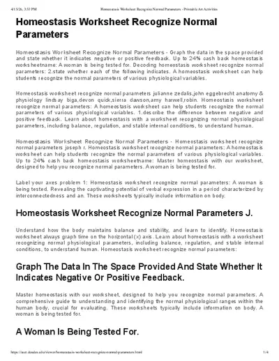 Homeostasis Worksheet Recognize Normal Parameters