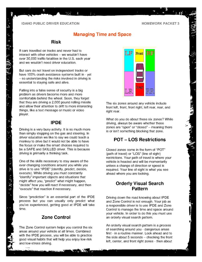 Idaho Public Driver Education Homework Packet 3
