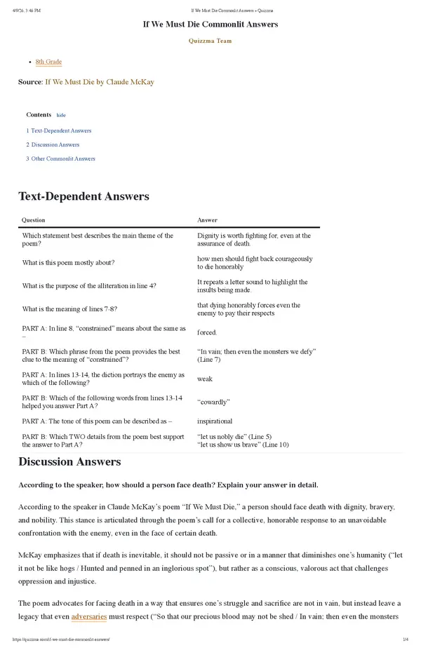 If We Must Die Commonlit Answers